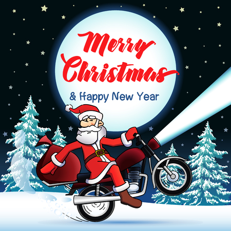 Santa biker Merry Christmas and Happy New Year greeting card. Happy Christmas text, vector Santa Claus on a motorcycle, stars and moon on backgroundのイラスト素材