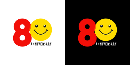 80 years old smiling icon. Congratulating celebrating 80th, 8th numbers, icon with emotions. Isolated humorous colored greetings on black and white background.のイラスト素材