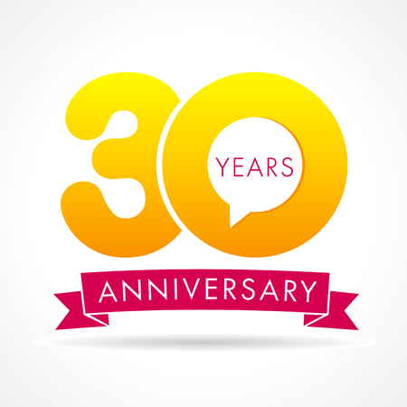 30 years anniversary communication. 30th year birthday label, yellow vector number sign and pink ribbon isolatedのイラスト素材