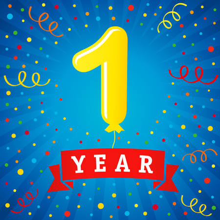 1 year anniversary celebration with colored balloon & confetti. Vector illustration design for your Celebration partyのイラスト素材