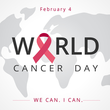 World cancer day, map lettering banner, We can I can. February 4. Vector illustration of World Cancer Day with ribbon and text on world mapのイラスト素材
