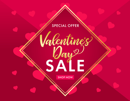 Sale Valentines Day golden lettering and pink hearts banner. Valentines Day sale banner template with typography text special offer valentine's day and hearts on pink background. Vector illustrationのイラスト素材