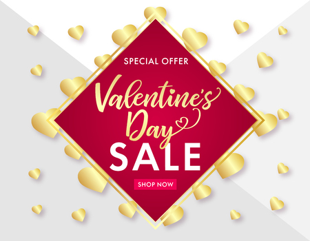 Sale Valentines Day golden lettering and pink hearts banner. Valentines Day sale banner template with typography text special offer valentine's day and hearts on silver background.のイラスト素材
