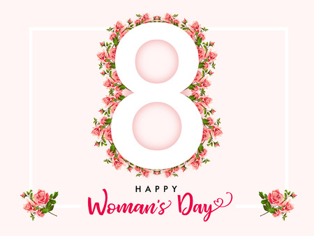 8th of March, Happy Women's day with rose flower banner. Invitation flyer for the International Women's Day with text 8 March on roses in frame.のイラスト素材