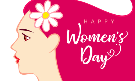 8 March, Happy Womens Day beautiful woman pink greeting card. Vector illustration for the International Women`s Day with text and beautiful woman with pink hair on white backgroundのイラスト素材