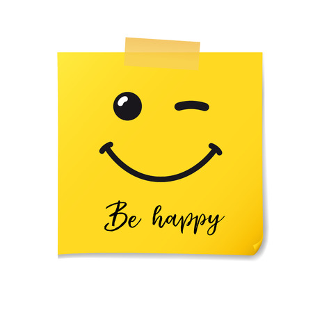 Smile on yellow note paper sheet sticker and message be happy. Vector post office memo and smiling on yellow notepaper sticky with shadow isolated on a transparent backgroundのイラスト素材