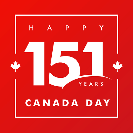 151 years anniversary, Happy Canada Day. Canada Day, national holiday with vector text and red maple leaf. Celebrating the Canadian anniversary of independence of 1867 yearsのイラスト素材