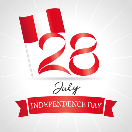 28 July, Peru Independence Day greeting card. Declared of Independence Peru in 1821 lettering banner. Vector background with peruvian flag and numbers 28のイラスト素材