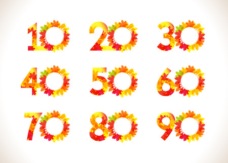 Autumn numbers emblems. Collection with red colored leaves. Round bottom up. Abstract digits congratulating graphic design template. Vector web bannersのイラスト素材