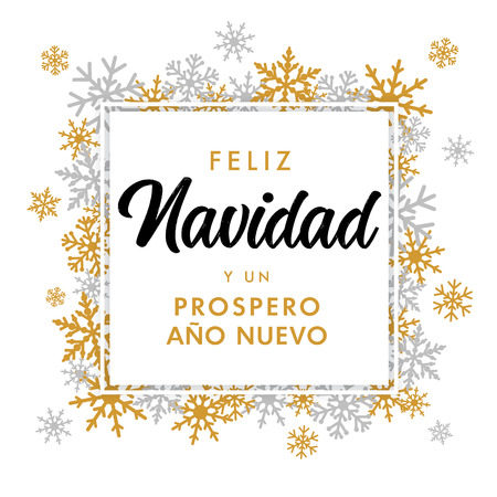 Feliz Navidad Spanish golden text Prospero Ano Nuevo translate: Merry Christmas and Happy New Year.のイラスト素材