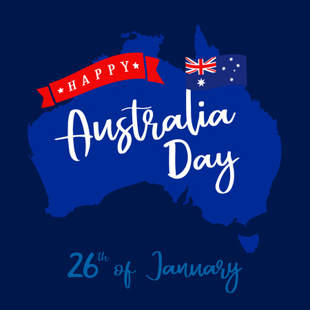 Happy Australia Day lettering on blue map, greeting card. Vector illustration for the 26th january Australia day calligraphy bannerのイラスト素材