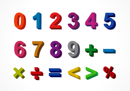 3D colorful letter 0, 1, 2, 3, 4, 5, 6, 7, 8, 9 numeral alphabet. Vector isolatedのイラスト素材