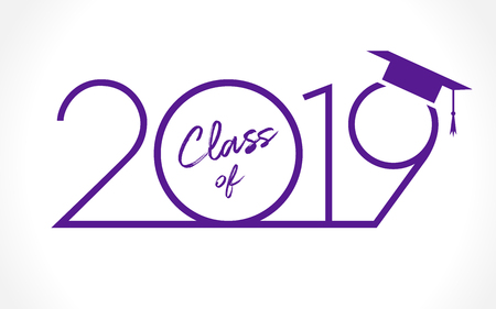 Class of 20 19 year graduation banner, awards concept. T-shirt idea, holiday blue and violet style. Isolated abstract graphic design template on white background. 2019 graduates greeting card