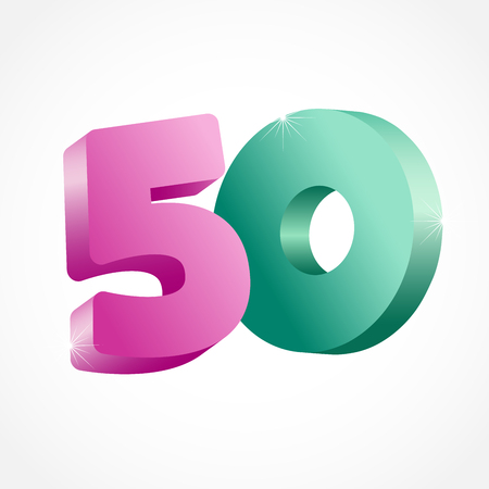 50 th years old congrats. Isolated abstract colored graphic design template. Up to -50% . Round shape 0. Discount emblem on white background. Creative web digits with 3D rotation effectsのイラスト素材