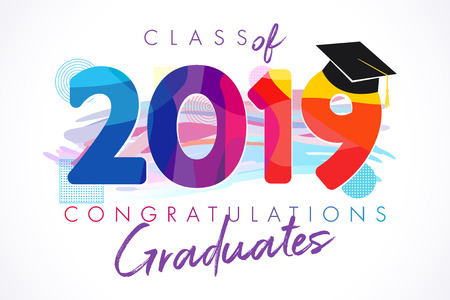 Class of 20 19 year graduation banner, awards concept. T-shirt idea, holiday colored invitation card, bright embem. Isolated numbers, abstract background design, brush strokes white backgroundのイラスト素材