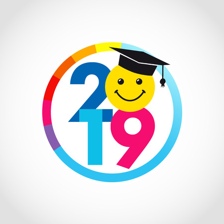 Class of 20 19 year graduation banner, awards concept. Medal colorful idea, holiday colored invitation emblem. Isolated numbers, emoticon face on white backgroundのイラスト素材