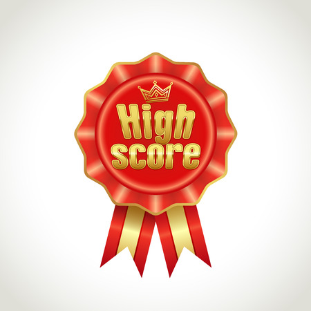 New high score golden game icon. Gaming decoration element with shining letters. Decorative star idea, red colored IT emblem. Isolated 3 D abstract graphic design template. Vector arts illustration.のイラスト素材