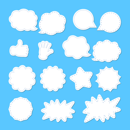 Set of speaking bubbles in trendy style. Talking clouds for short messages with 3 D effects. Isolated abstract graphic design template. Blue background.のイラスト素材