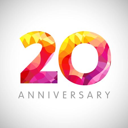20 th anniversary numbers. 20 years old multicolored. Age congrats, congratulation art idea. Isolated abstract graphic design template. Colored 2, 0 digits. Up to 20% percent off discount.のイラスト素材