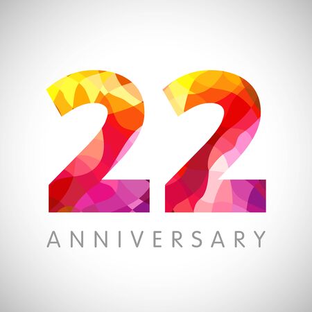 22 nd anniversary numbers. 22 years old multicolored. Age congrats, congratulation art idea. Isolated abstract graphic design template. Colored 2 digit. Up to 2% or 22% percent off discountのイラスト素材