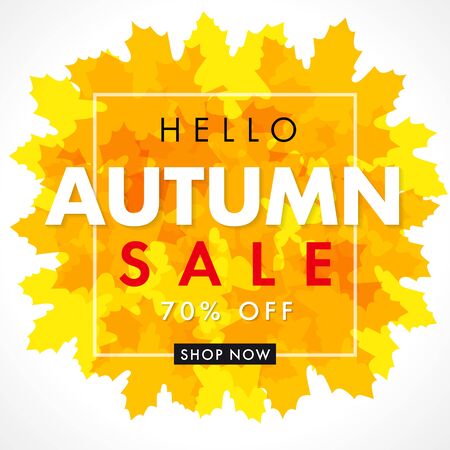 Hello Autumn banner with lettering and yellow maple leaves. Special offer for flyer or poster discount design with falling leaf orange color. Vector illustrationのイラスト素材