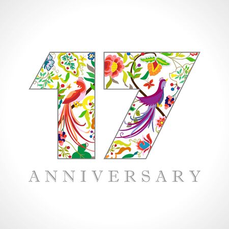 17 years old logotype. 17th anniversary numbers. Decorative symbol. Age congrats with peacock birds. Isolated abstract graphic design template. Royal colored digits. Up to 17% percent off discountのイラスト素材