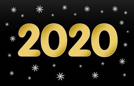 Happy New Year 2020 golden paper numbers. Lettering Xmas greeting inscription and snowflake on black background. Vector illustrationのイラスト素材