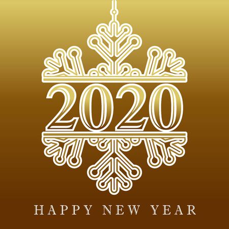 2020 golden winter snow, Happy New Year card. Lettering Xmas greeting inscription and white snowflake on gold background. Vector illustrationのイラスト素材