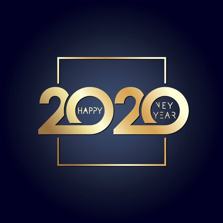 2020 happy new year golden design. Vector illustration with gold holiday label isolated on navy blue background. Xmas card, Christmas sale banner or class of 2020 graduates posterのイラスト素材