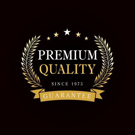 Premium quality emblem with golden branches and ribbon. Gold premium quality badge, rosette with ribbon on black backgroundのイラスト素材