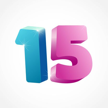 15 th anniversary numbers. 15 years old colored logotype. Age congrats, congratulation idea. Isolated abstract graphic design template. Creative 1, 5 3D digits. Up to 15%, -15% percent off discount.のイラスト素材