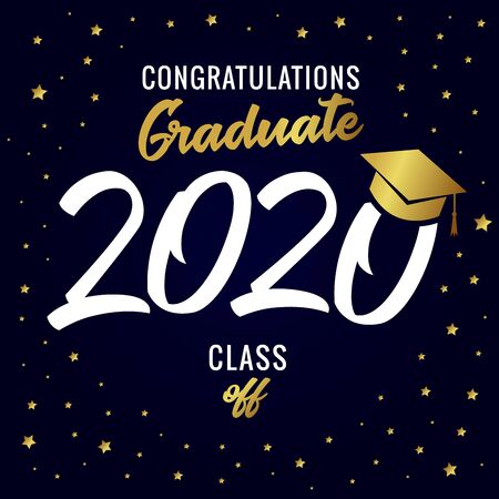Class of 2020 year graduation banner, awards concept. T-shirt idea, happy holiday invitation card, bright embem. Isolated numbers, abstract graphic design template. Golden text, square dark backgroundのイラスト素材