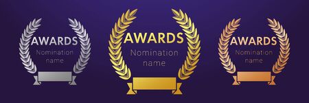 Awards logo collection. Isolated abstract graphic design template. Elegant gold, silver and bronze colored set with outline elementsのイラスト素材