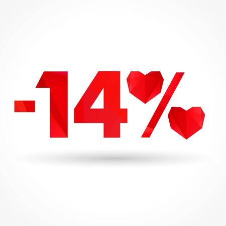 Special offer -14% sale Happy Valentine`s day, percent sign with facet hearts. Vector illustration design for fashion discount banner Valentine. Graphic symbol of loveのイラスト素材