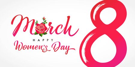 March 8, Happy Womens Day elegant watercolor lettering banner. Women's Day greeting card template...