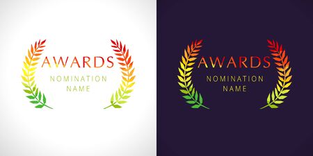 Awards logo collection. Isolated abstract graphic design template. Elegant palm tree branches in red, yellow and green colors. Luxury round frames, decoration emblems. Set of cup elements and conceptsのイラスト素材
