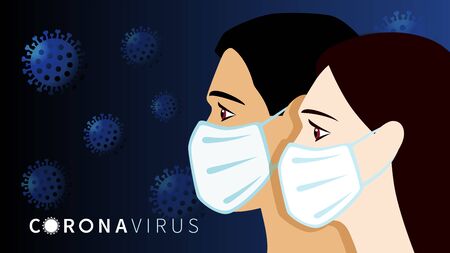 Man and women faces in medical mask. Man and women in white medical face mask. Novel coronavirus (2019-nCoV). Concept of quarantine, pandemic medical concept with dangerous cells. Vector illustrationのイラスト素材