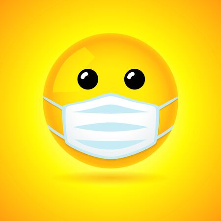 Emoji with guard mouth mask - yellow face with open eyes wearing a white surgical mask. Vector smile iconのイラスト素材