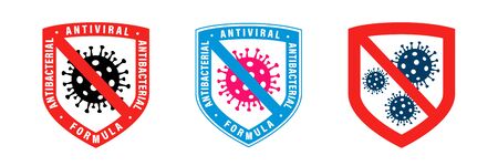 Antiviral antibacterial coronavirus formula vector shield icons. Coronavirus 2019-nCov, Covid-19 NCP virus stop signs, health protection, hand sanitizer labelsのイラスト素材
