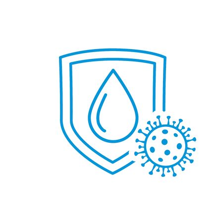 Hand washing icon with drop and virus protection shield. Immune from flu germ, web symbol bacterial prevention on white background. Editable stroke vector illustration, hand sanitizer labelsのイラスト素材
