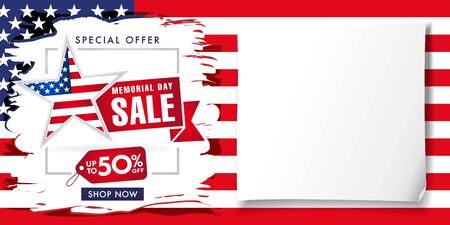 Memorial day USA brush paint poster, special offer sale up to -50% off. Happy Memorial Day background with typography on american flag and white paper. Vector illustrationのイラスト素材