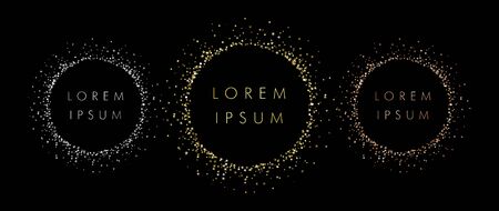 Set of sparkling rings with dust glitter, dark background. Medal elements. Glorious decorative glowing shiny circles. Discount signs. Letter concept. Isolated abstract graphic design template.のイラスト素材