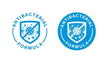 Antibacterial formula stamp, shield with crossed bacteries inside. Vector isolated sign for antiseptic cosmetics and medical pharmaceutical productsのイラスト素材