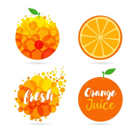 Orange fruit. Oranges that are segmented on a white background. Fresh juice apple, papaya, mango logo set citrus design. Orange and yellow drops bubbly creative vector illustrationのイラスト素材