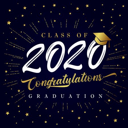 Class of 2020 graduation poster with golden star glitter confetti. Class of 20 & 20 congratulations graduate design with decoration gold beams for cards, invitations or bannerのイラスト素材