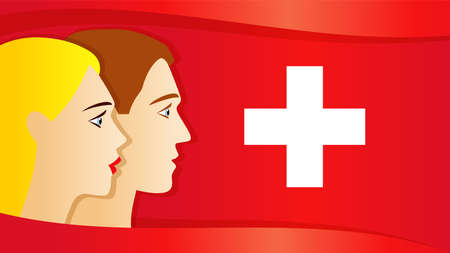 Swiss national day 1 August, patriotic girl and guy. Greeting card with people on Switzerland flag. Celebration Confederation Day, anniversary of Foundation date web bannerのイラスト素材