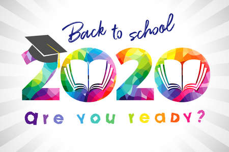 Back to school creative banner. Class of 2020 sign, award concept. Facet mosaic 3D numbers with open book. Colorful text Are You Ready? Holiday background. Isolated abstract graphic design templateのイラスト素材