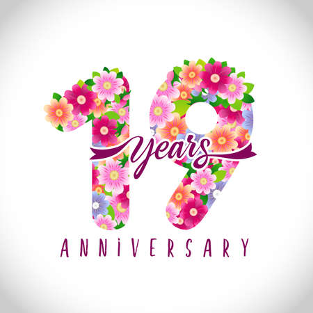 19 th anniversary numbers. 19 years old logotype. Floral pink congrats. Isolated abstract graphic design template. Cute creative holiday age digits, ribbon font. Up to 19%, -19% percent off discount.のイラスト素材