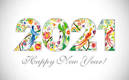 2021 A Happy New Year congrats. Logotype in ethnic style. Abstract isolated graphic design template. Decorative numbers. Colored digits. Up to 20% percent off concept. Creative colorful decorationのイラスト素材