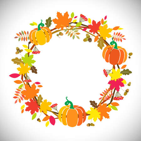 Fall season sign. Holiday wreath Hello Autumn! Creative congrats with pumpkins. Bright door decoration red, orange and yellow colors. Decorative symbol. Isolated abstract graphic design template.のイラスト素材